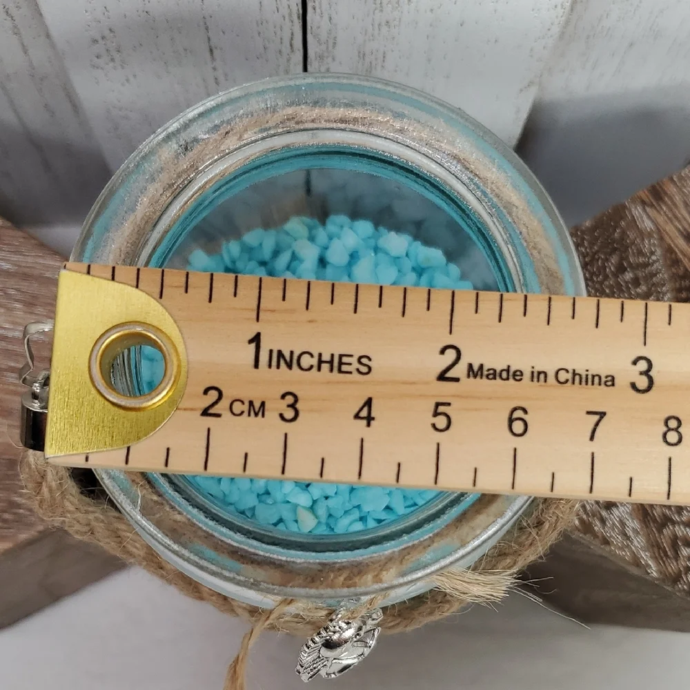 Silver Seahorse Charm Glass Jar Vase Twine Handle with Aqua Pebble Rocks